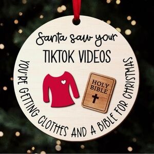 Santa Saw Your TikTok Videos Funny Wooden Hanging Christmas Tree Ornament NIP